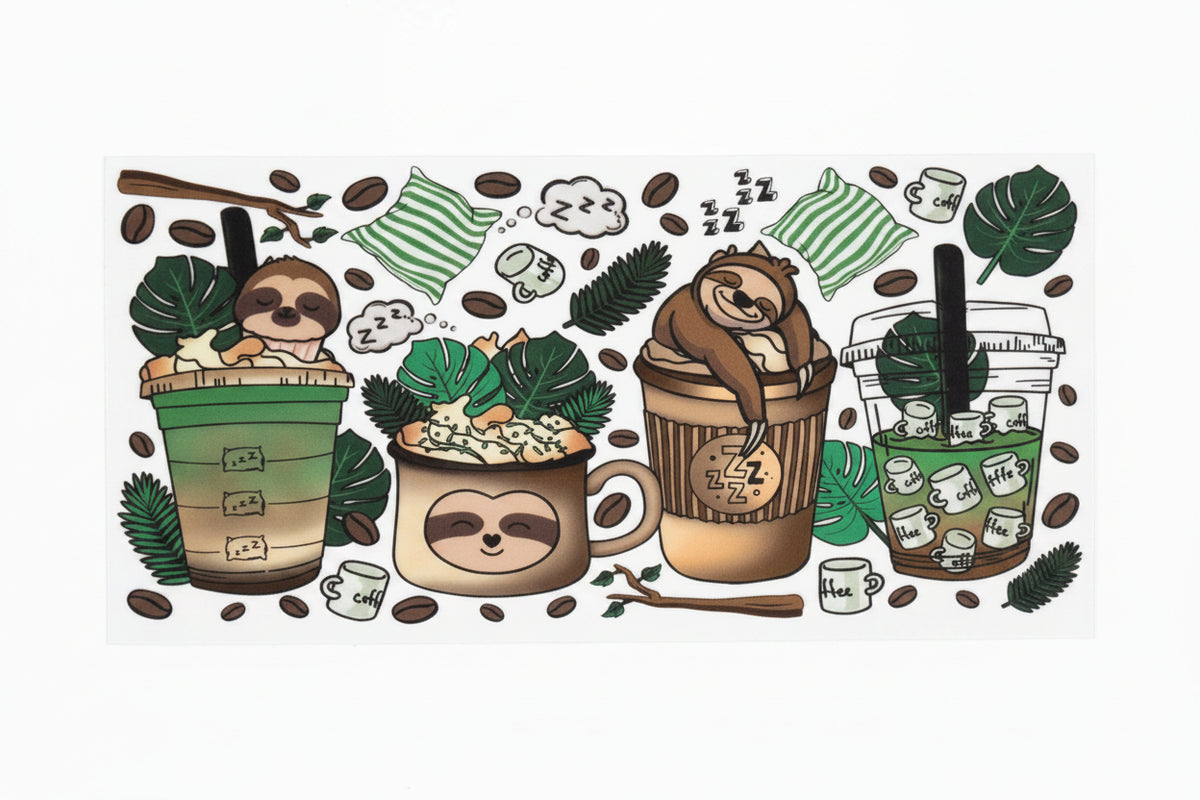 Cute Sloth Coffee UV DTF Decal | Cozy Coffee Lover Waterproof Sticker Wrap | Iced Coffee & Latte Aesthetic Decal