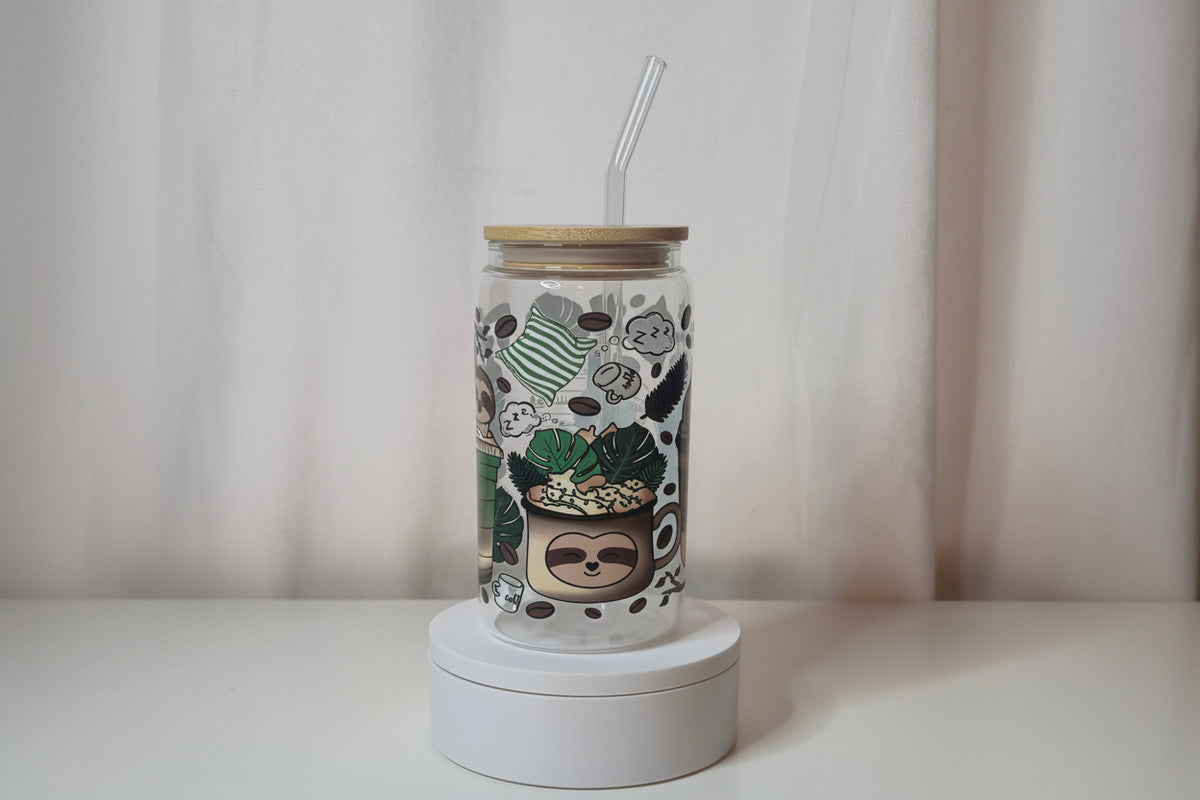 Sleepy Sloth Glass Cup | 16oz Coffee Lover Tumbler with Bamboo Lid & Straw | Cute Cozy Aesthetic Drinkware | UV DTF Iced Coffee Cup | Ready to Ship