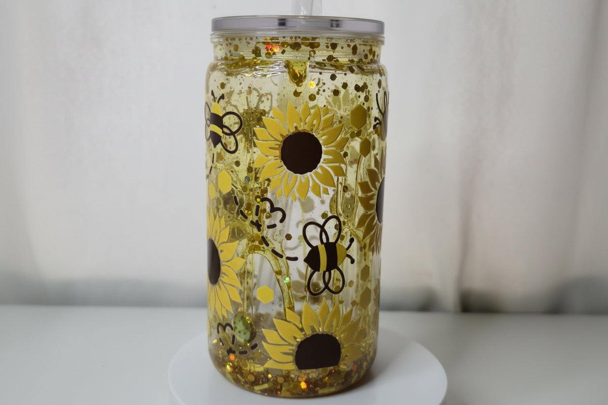 Honey Bee Snowglobe Glass Cup | 16oz Sunflower Tumbler with Bamboo Lid & Straw | Cute Bee & Bear Drinkware | Honeycomb Iced Coffee Cup | Ready to Ship