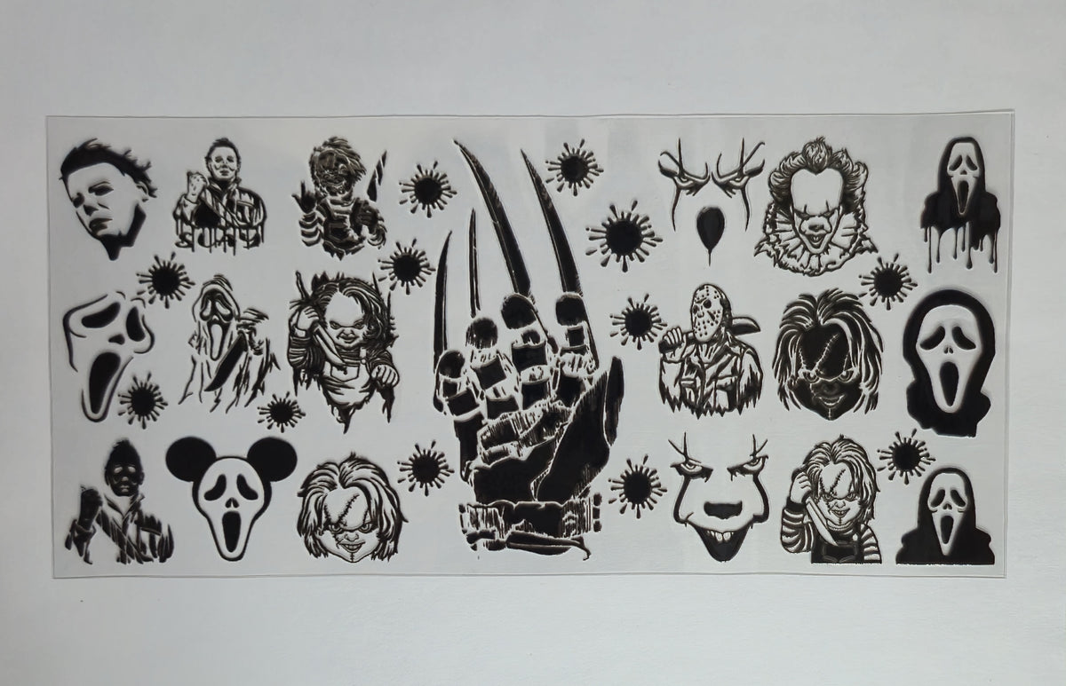 Black Horror Characters UV DTF Decal | Horror Movie Tumbler Decal | Spooky Halloween Glass Cup Transfer | Dark Gothic Drinkware | Ready to Ship
