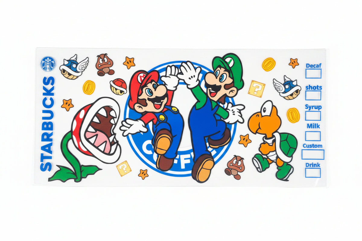 Mario Gamer Coffee UV DTF Decal | Retro Video Game Waterproof Sticker | Coffee Lover Gamer Decal | Cute Nerdy Aesthetic Sticker | Gaming Gift