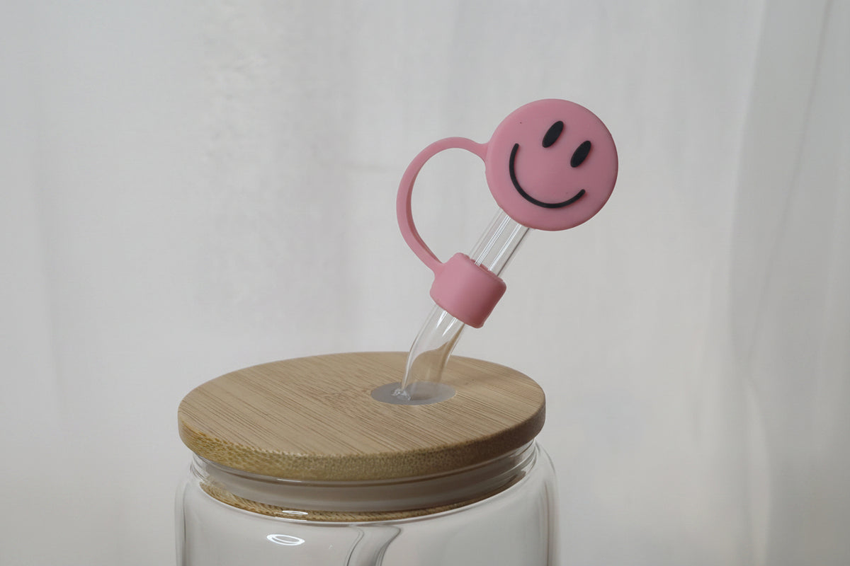 Pink Smiley Face Straw Topper | Cute Happy Face Tumbler Accessory | Pink Straw Charm | Y2K Drinkware Accessory | Cute Cup Topper | Drinkware Gift