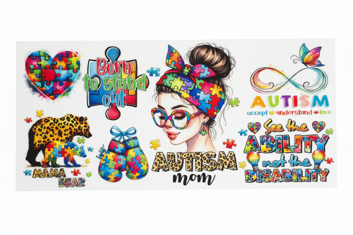 Autism Awareness UV DTF Wrap Decal – Waterproof 16oz Libbey Glass Transfer | Autism Mom Cup Wrap