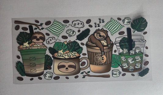 Cute Sloth Coffee UV DTF Decal | Cozy Coffee Lover Waterproof Sticker Wrap | Iced Coffee & Latte Aesthetic Decal