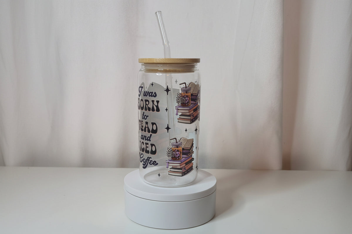 Book Lover Glass Cup | 16oz Iced Coffee Tumbler with Bamboo Lid & Straw | Reader Aesthetic Drinkware | Funny Bookish UV DTF Cup | Ready to Ship