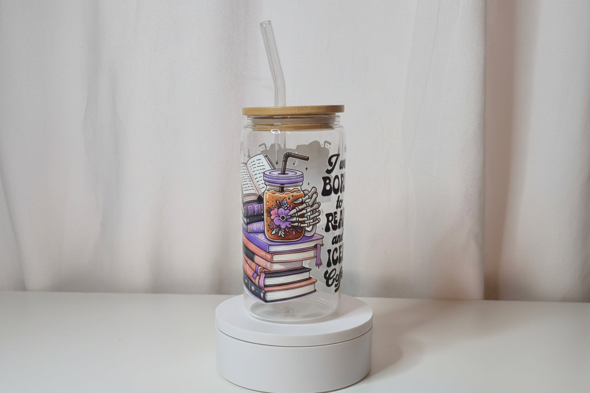 Book Lover Glass Cup | 16oz Iced Coffee Tumbler with Bamboo Lid & Straw | Reader Aesthetic Drinkware | Funny Bookish UV DTF Cup | Ready to Ship