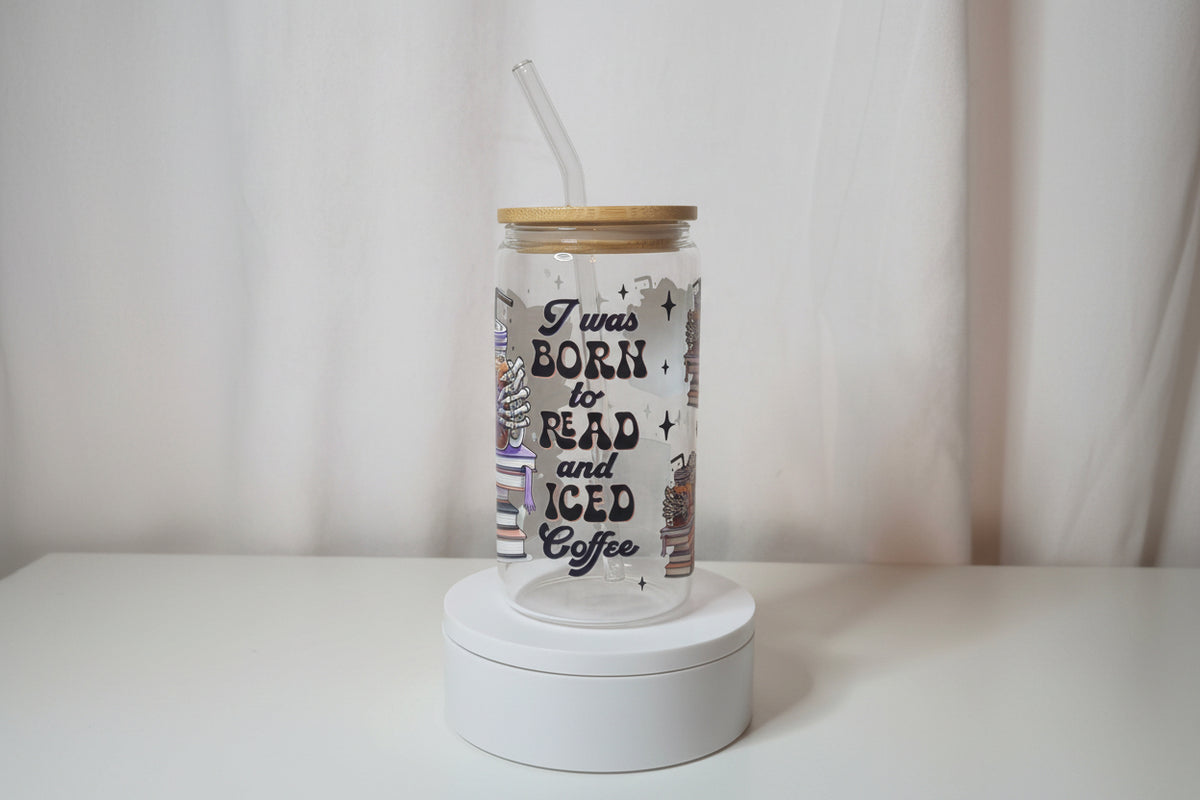 Book Lover Glass Cup | 16oz Iced Coffee Tumbler with Bamboo Lid & Straw | Reader Aesthetic Drinkware | Funny Bookish UV DTF Cup | Ready to Ship