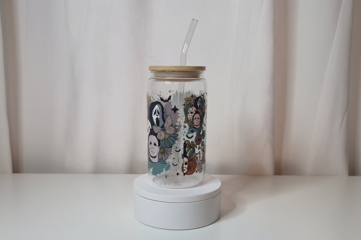 Horror Slasher Glass Cup | 16oz Horror Movie Tumbler with Bamboo Lid & Straw | Retro Horror Aesthetic Drinkware | UV DTF Iced Coffee Cup | Ready to Ship
