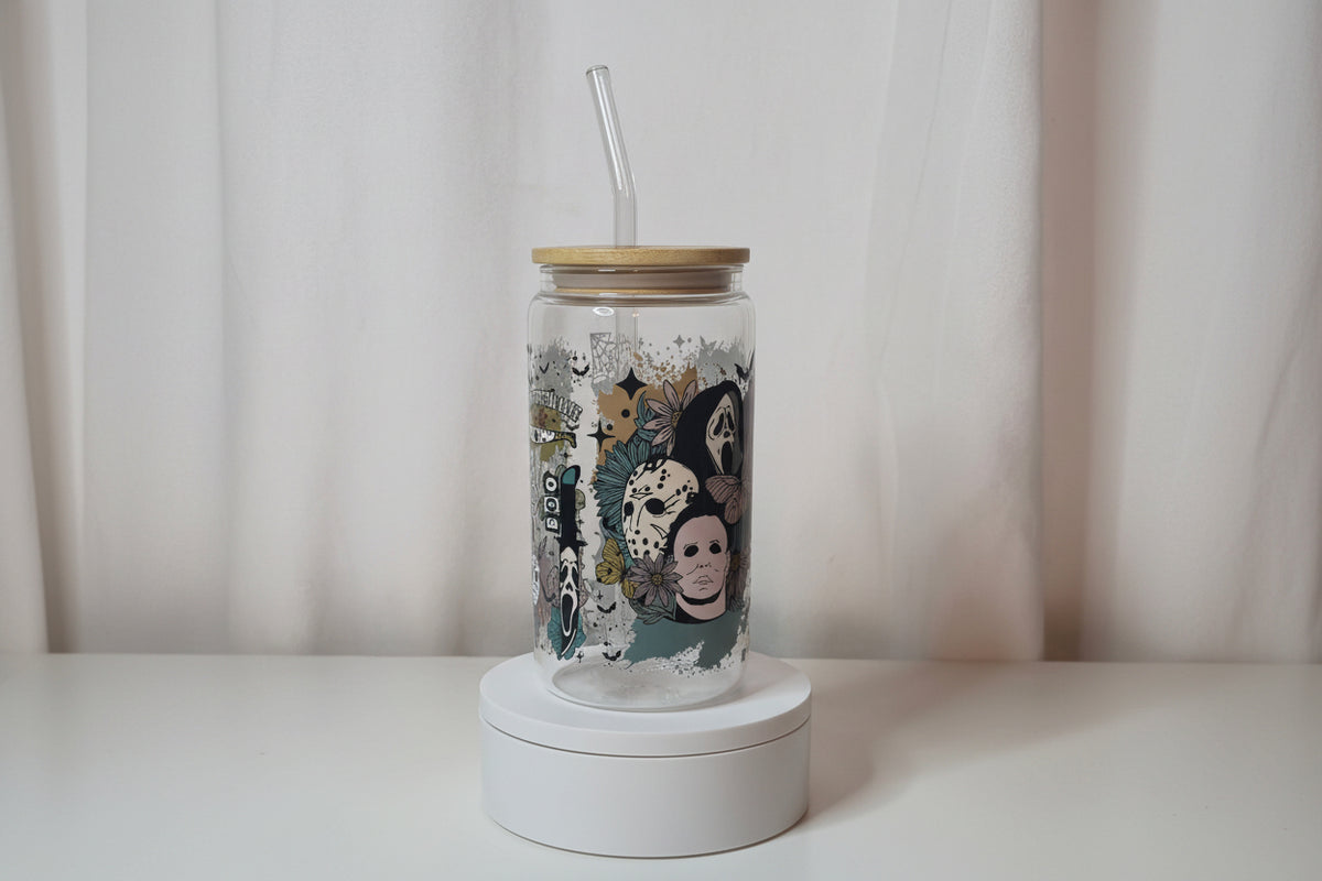 Horror Slasher Glass Cup | 16oz Horror Movie Tumbler with Bamboo Lid & Straw | Retro Horror Aesthetic Drinkware | UV DTF Iced Coffee Cup | Ready to Ship