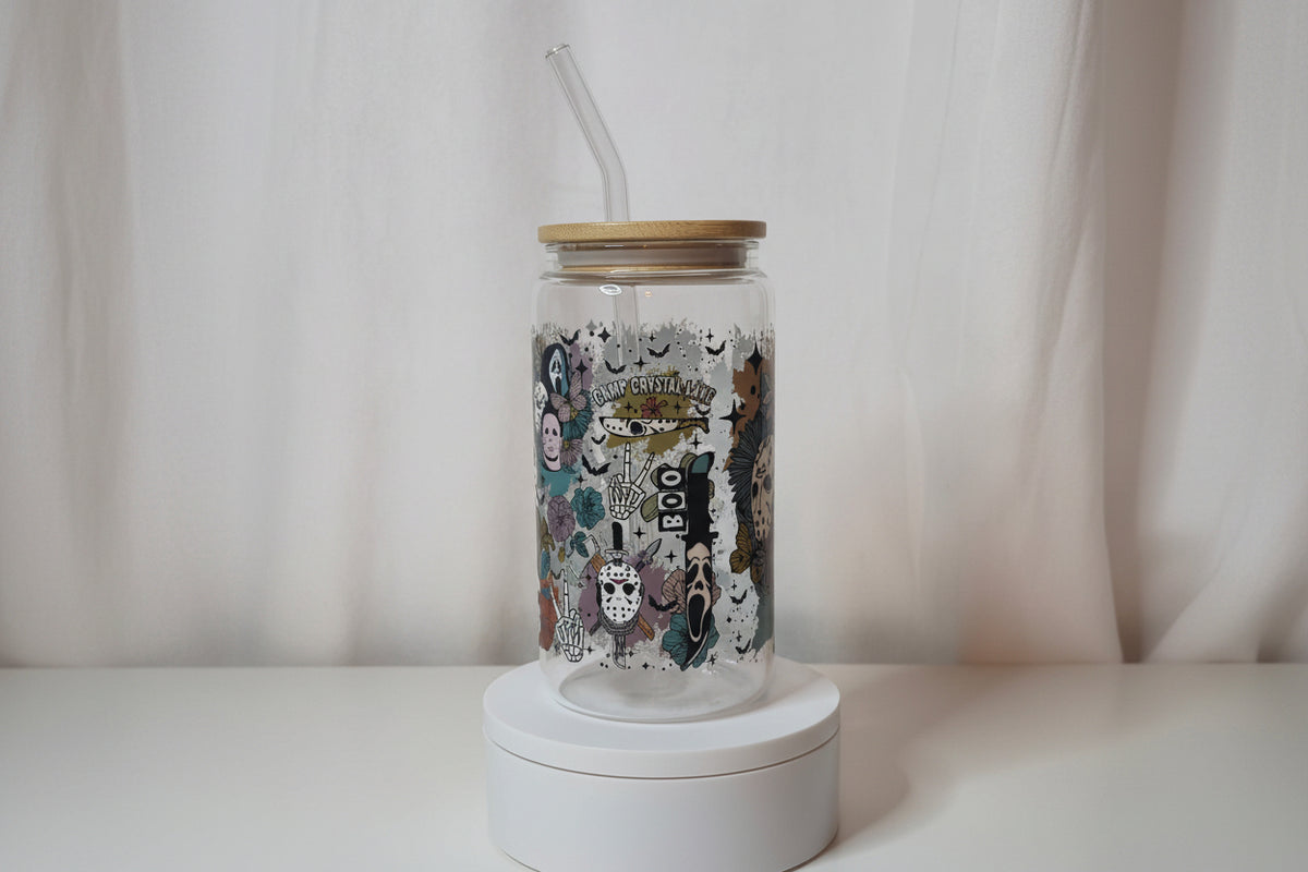 Horror Slasher Glass Cup | 16oz Horror Movie Tumbler with Bamboo Lid & Straw | Retro Horror Aesthetic Drinkware | UV DTF Iced Coffee Cup | Ready to Ship