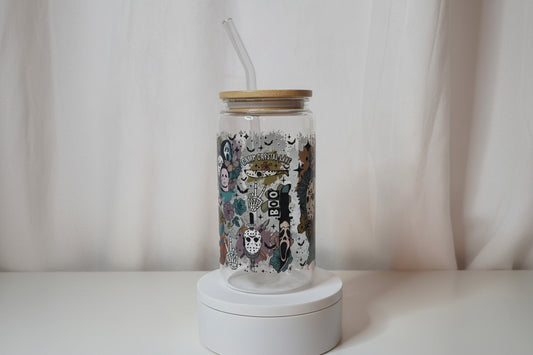 Horror Slasher Glass Cup | 16oz Horror Movie Tumbler with Bamboo Lid & Straw | Retro Horror Aesthetic Drinkware | UV DTF Iced Coffee Cup | Ready to Ship