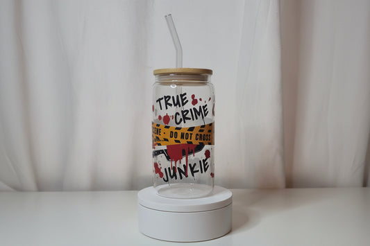 True Crime Glass Cup | 16oz True Crime Tumbler with Bamboo Lid & Straw | Crime Scene Aesthetic Drinkware | UV DTF Iced Coffee Cup | Ready to Ship