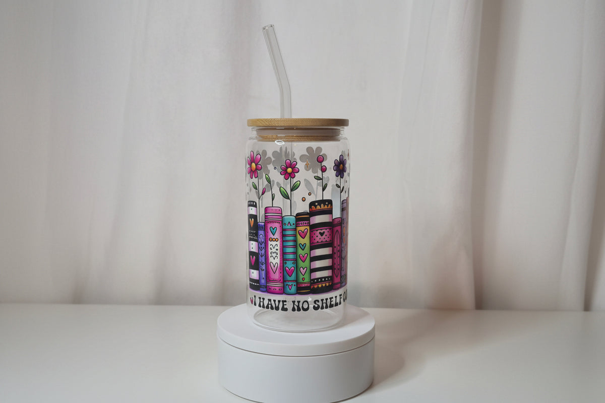 I Have No Shelf Control Glass Cup | 16oz Book Lover Tumbler with Bamboo Lid & Straw | Funny Bookish Drinkware | UV DTF Iced Coffee Cup | Ready to Ship