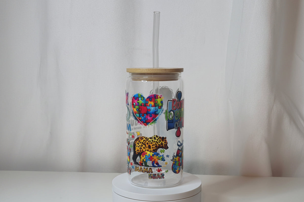 Autism Mom Glass Cup | 16oz Autism Awareness Tumbler with Bamboo Lid & Straw | See the Ability Not the Disability | Autism Acceptance Gift | UV DTF Iced Coffee Cup | Ready to Ship