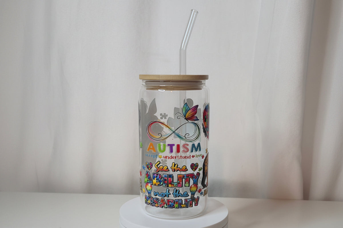 Autism Mom Glass Cup | 16oz Autism Awareness Tumbler with Bamboo Lid & Straw | See the Ability Not the Disability | Autism Acceptance Gift | UV DTF Iced Coffee Cup | Ready to Ship