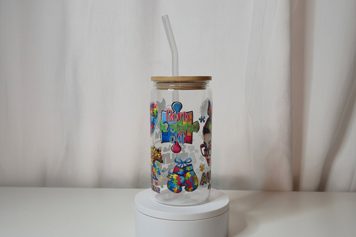Autism Mom Glass Cup | 16oz Autism Awareness Tumbler with Bamboo Lid & Straw | See the Ability Not the Disability | Autism Acceptance Gift | UV DTF Iced Coffee Cup | Ready to Ship