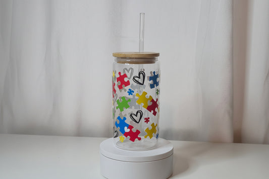 Autism Awareness Glass Cup | 16oz Colorful Puzzle Piece Tumbler with Bamboo Lid & Straw | Autism Acceptance Drinkware | Neurodiversity Gift | UV DTF Iced Coffee Cup | Ready to Ship