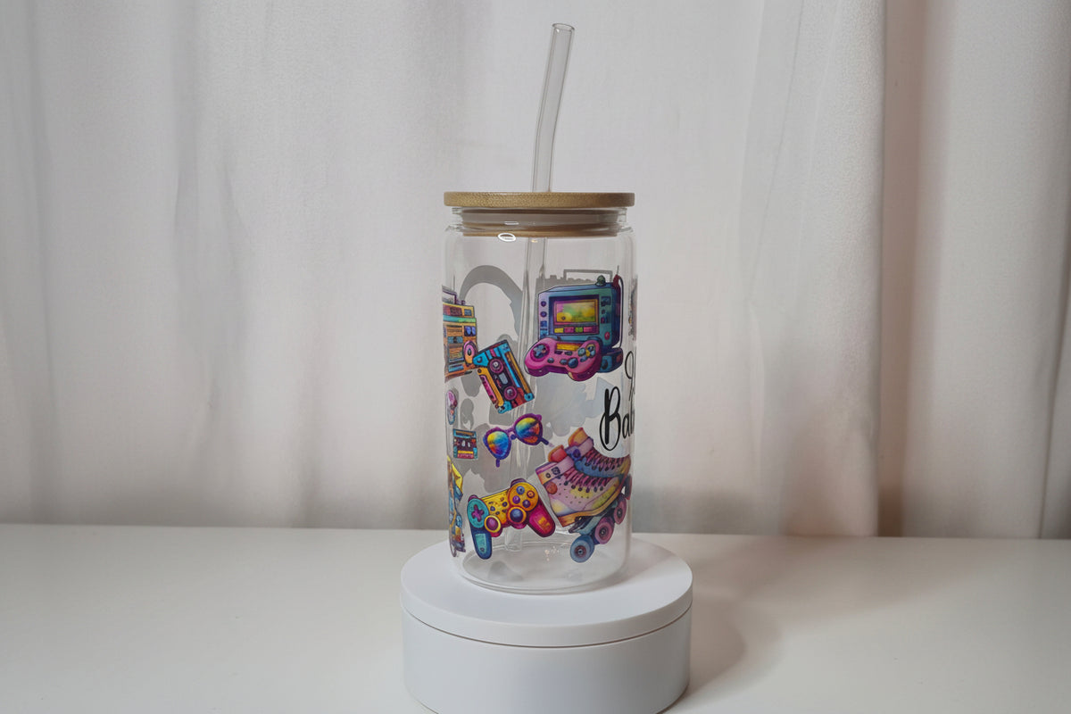 90s Baby Glass Cup | 16oz Retro 90s Tumbler with Bamboo Lid & Straw | Y2K Nostalgia Drinkware | 90s Birthday Gift | UV DTF Iced Coffee Cup | Ready to Ship