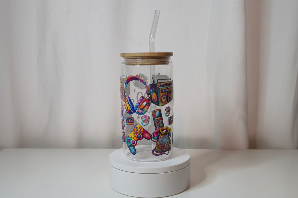 90s Baby Glass Cup | 16oz Retro 90s Tumbler with Bamboo Lid & Straw | Y2K Nostalgia Drinkware | 90s Birthday Gift | UV DTF Iced Coffee Cup | Ready to Ship