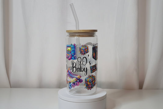 90s Baby Glass Cup | 16oz Retro 90s Tumbler with Bamboo Lid & Straw | Y2K Nostalgia Drinkware | 90s Birthday Gift | UV DTF Iced Coffee Cup | Ready to Ship