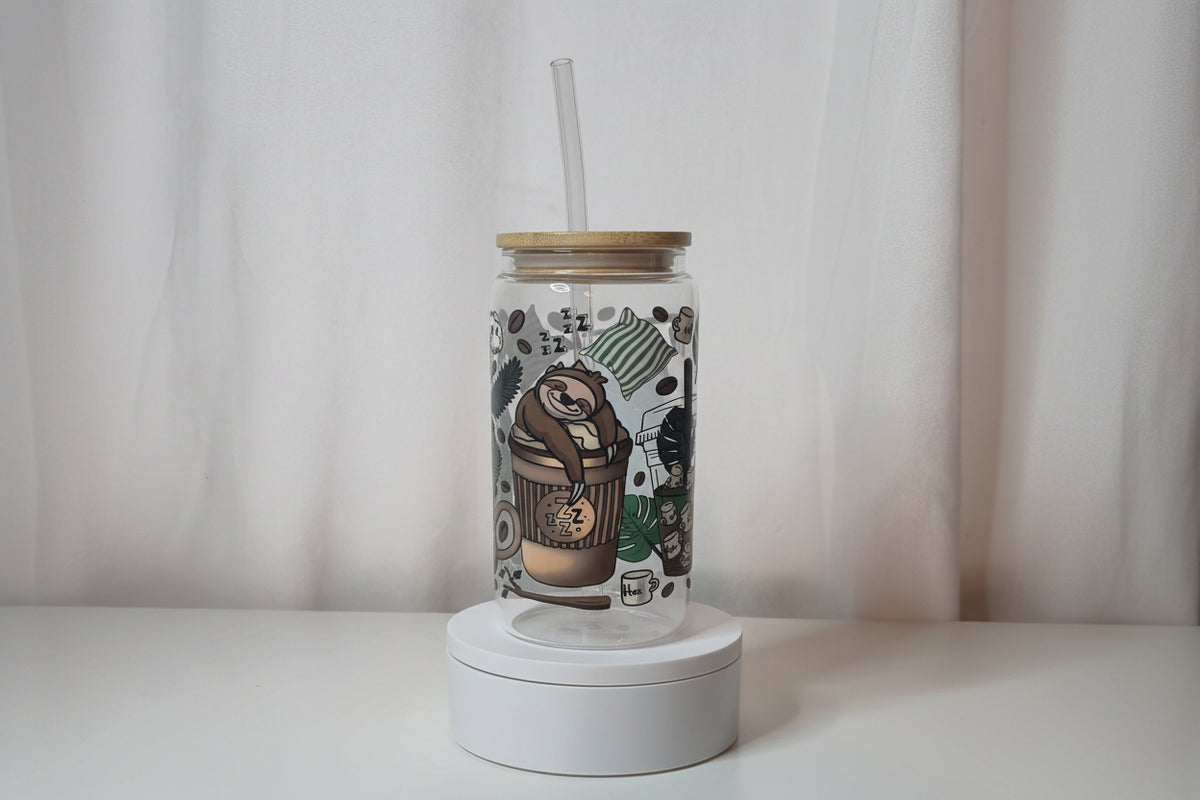 Sleepy Sloth Glass Cup | 16oz Coffee Lover Tumbler with Bamboo Lid & Straw | Cute Cozy Aesthetic Drinkware | UV DTF Iced Coffee Cup | Ready to Ship