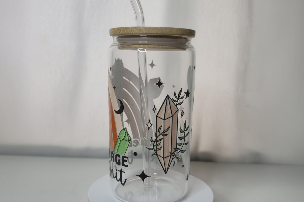 Funny Sarcastic Glass Cup | 16oz Iced Coffee Tumbler with Bamboo Lid & Straw | “Not Enough Sage for This Shit” Drinkware | Witchy Aesthetic Cup | Ready to Ship