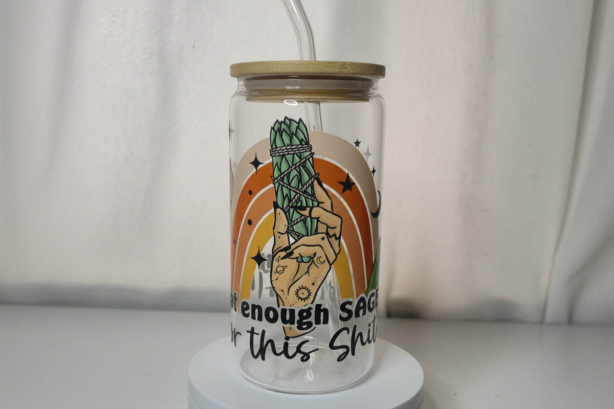 Funny Sarcastic Glass Cup | 16oz Iced Coffee Tumbler with Bamboo Lid & Straw | “Not Enough Sage for This Shit” Drinkware | Witchy Aesthetic Cup | Ready to Ship