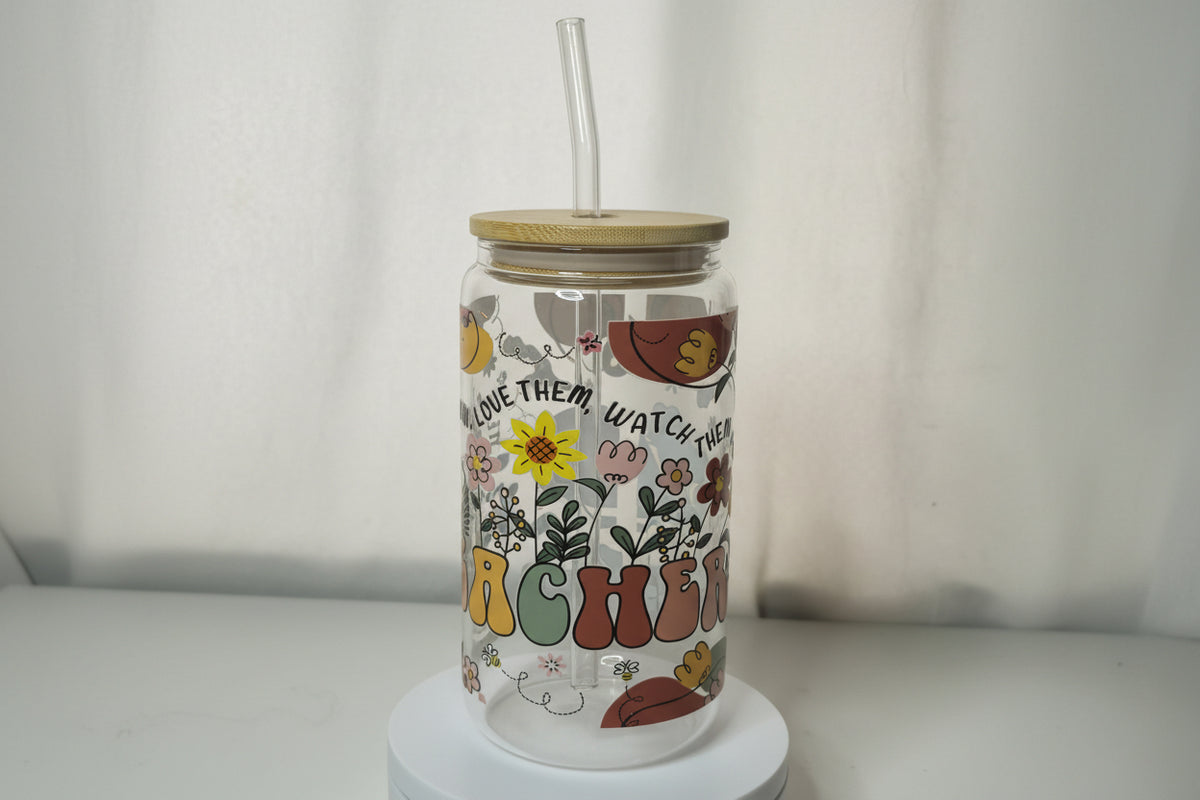 Teacher Glass Cup | 16oz Teacher Tumbler with Bamboo Lid & Straw | Inspirational Teacher Gift | Educator Iced Coffee Cup | Ready to Ship