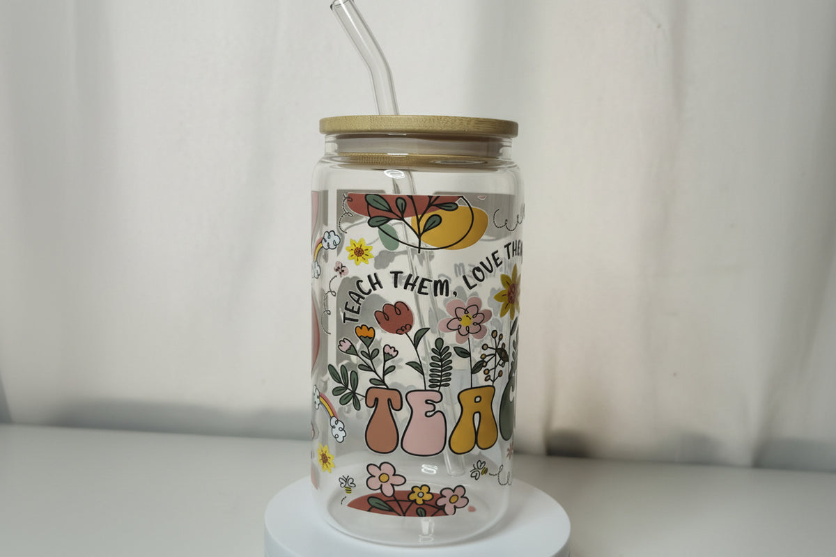 Teacher Glass Cup | 16oz Teacher Tumbler with Bamboo Lid & Straw | Inspirational Teacher Gift | Educator Iced Coffee Cup | Ready to Ship
