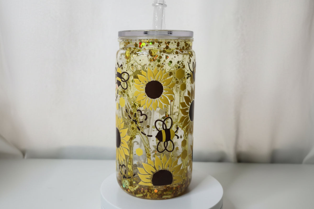 Honey Bee Snowglobe Glass Cup | 16oz Sunflower Tumbler with Bamboo Lid & Straw | Cute Bee & Bear Drinkware | Honeycomb Iced Coffee Cup | Ready to Ship