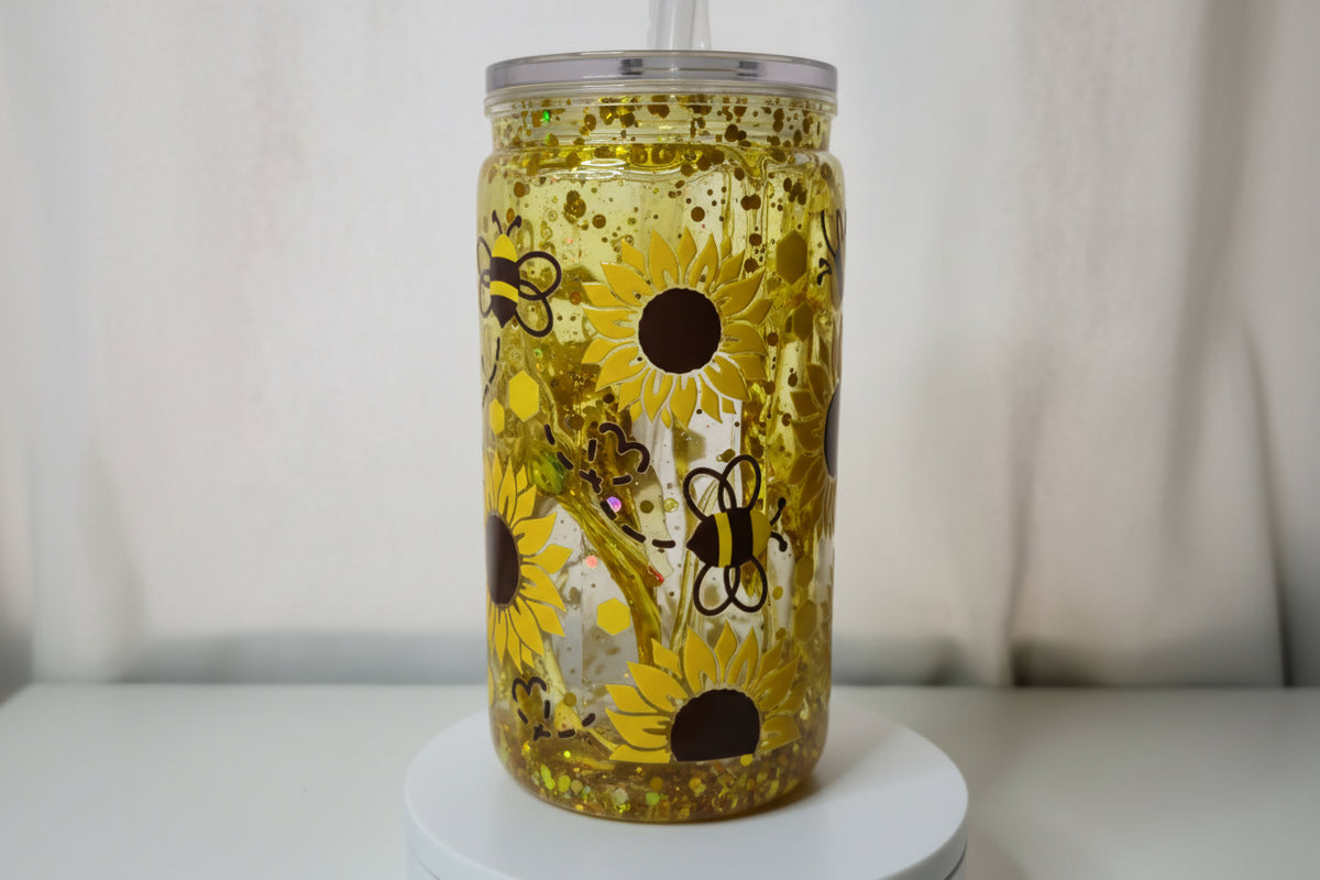 Honey Bee Snowglobe Glass Cup | 16oz Sunflower Tumbler with Bamboo Lid & Straw | Cute Bee & Bear Drinkware | Honeycomb Iced Coffee Cup | Ready to Ship