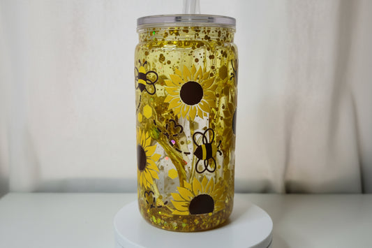 Honey Bee Snowglobe Glass Cup | 16oz Sunflower Tumbler with Bamboo Lid & Straw | Cute Bee & Bear Drinkware | Honeycomb Iced Coffee Cup | Ready to Ship