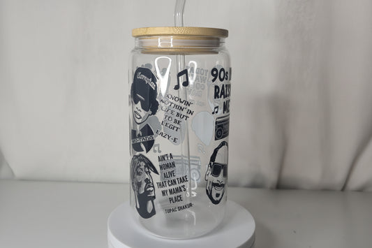 90s Rap Raised Me Glass Cup | 16oz Hip Hop Tumbler with Bamboo Lid & Straw | 90s Hip Hop Aesthetic Drinkware | Retro Rap Iced Coffee Cup | Ready to Ship