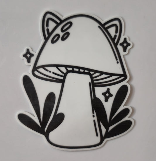 Cute Cat Ear Mushroom Sticker | 2x2 Inch Black & White Vinyl Sticker | Kawaii Mushroom Sticker | Cottagecore & Goblincore Decal | Waterproof Sticker