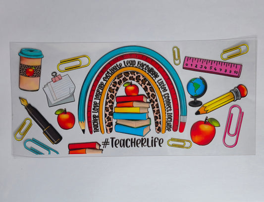 Teacher Life UV DTF Decal | Rainbow Books & School Supplies Transfer | Teacher Tumbler Sticker | Bookish Teacher Decal | Ready to Ship