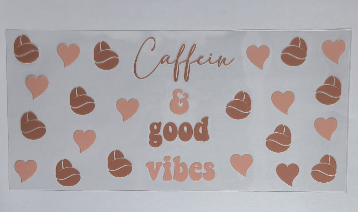 Caffeine & Good Vibes UV DTF Decal | Cute Pink Coffee Tumbler Decal | Feminine Iced Coffee Glass Cup Transfer | Coffee Lover Drinkware | Ready to Ship