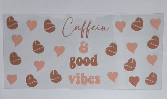 Caffeine & Good Vibes UV DTF Decal | Cute Pink Coffee Tumbler Decal | Feminine Iced Coffee Glass Cup Transfer | Coffee Lover Drinkware | Ready to Ship