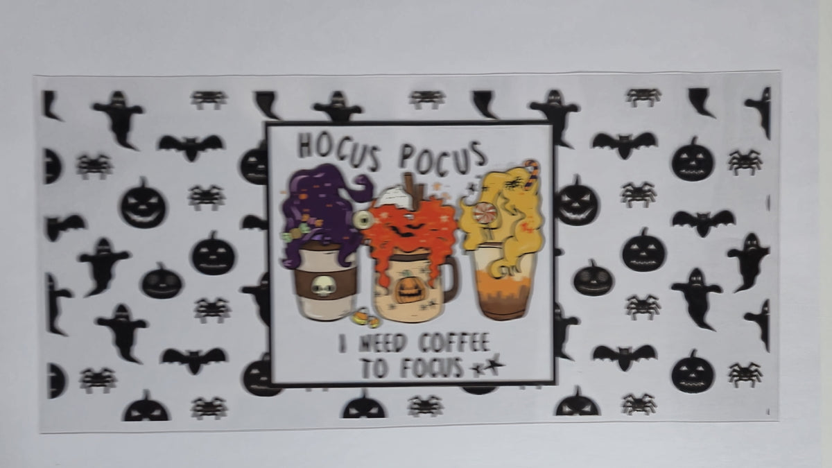 Hocus Pocus I Need Coffee To Focus UV DTF Decal | Witchy Coffee Tumbler Decal | Black Halloween Glass Cup Transfer | Spooky Coffee Drinkware | Ready to Ship