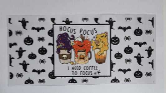 Hocus Pocus I Need Coffee To Focus UV DTF Decal | Witchy Coffee Tumbler Decal | Black Halloween Glass Cup Transfer | Spooky Coffee Drinkware | Ready to Ship