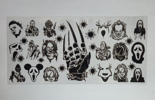 Black Horror Characters UV DTF Decal | Horror Movie Tumbler Decal | Spooky Halloween Glass Cup Transfer | Dark Gothic Drinkware | Ready to Ship