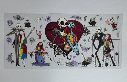Jack & Sally Inspired Patchwork Love UV DTF Decal | Cute Skeleton Couple Tumbler Decal | Spooky Halloween Glass Cup Transfer | Cute Gothic Drinkware | Ready to Ship