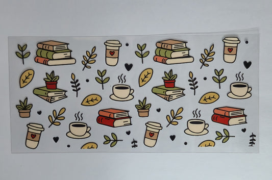 Coffee, Books & Greenery UV DTF Decal | Cozy Book Lover Coffee Cup Transfer | Reader & Plant Lover Tumbler Decal | Ready to Ship