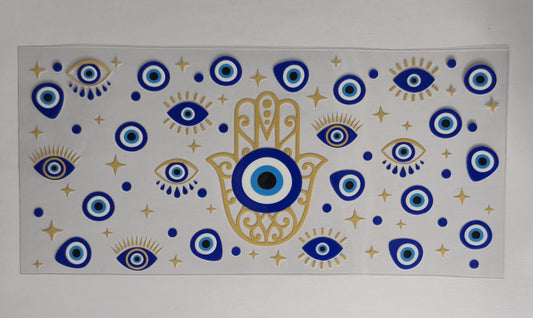 Blue Evil Eye Gold UV DTF Decal | Blue & Gold Evil Eye Tumbler Decal | Mystical Glass Cup Transfer | Elegant Spiritual Inspired Drinkware | Ready to Ship
