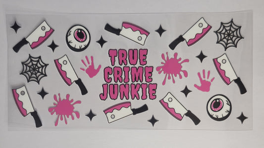 True Crime Junkie UV DTF Decal | True Crime Tumbler Decal | Hot Pink Knife &amp; Eyeball Glass Cup Transfer | Crime Junkie Drinkware | Ready to Ship