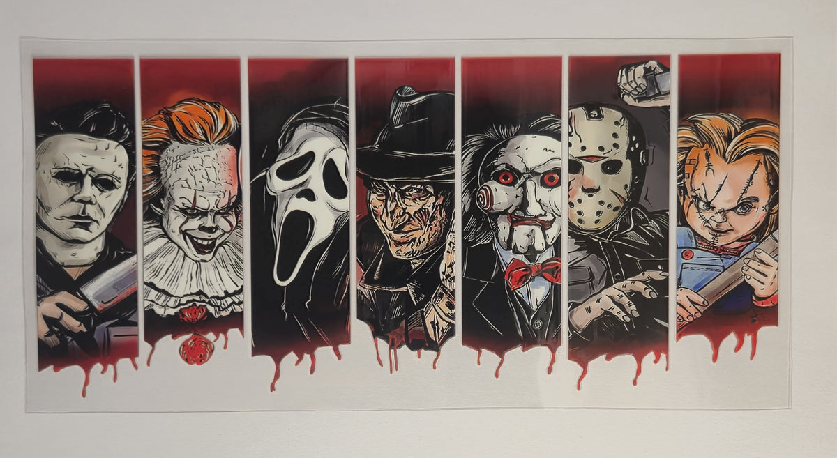 Horror Movie Characters UV DTF Decal | Horror Tumbler Decal | Chucky, Ghostface, Pennywise &amp; More Glass Cup Transfer | Spooky Drinkware | Ready to Ship