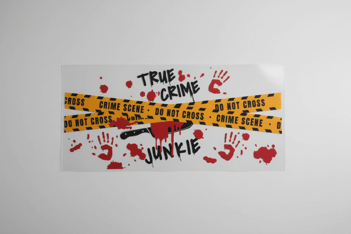 True Crime Junkie UV DTF Decal | Crime Scene Waterproof Sticker | Horror Lover Decal | Goth Aesthetic Cup Decal | True Crime Gift
