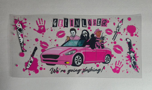 Get In Loser We’re Going Slashing UV DTF Decal | Pink Horror Movie Waterproof Sticker | Spooky Ghostface Decal | Horror Lover Aesthetic | Goth Girl Gift
