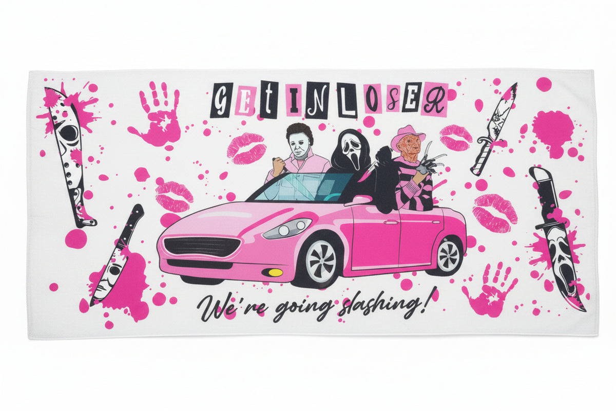 Get In Loser We’re Going Slashing UV DTF Decal | Pink Horror Movie Waterproof Sticker | Spooky Ghostface Decal | Horror Lover Aesthetic | Goth Girl Gift