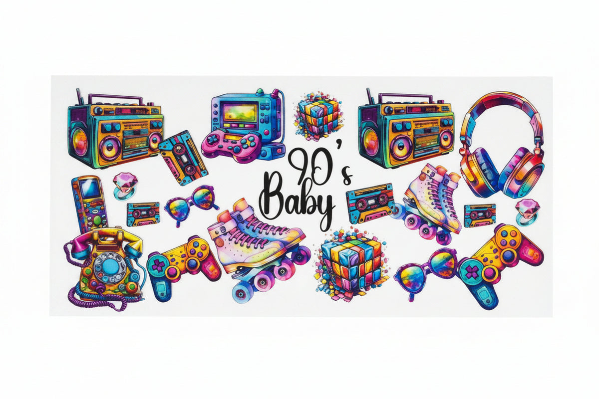 90’s Baby UV DTF Decal | Retro Waterproof Sticker | Y2K Aesthetic Decal | Nostalgia Gamer Sticker | Colorful Retro Cup Decal Gift