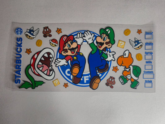 Mario Gamer Coffee UV DTF Decal | Retro Video Game Waterproof Sticker | Coffee Lover Gamer Decal | Cute Nerdy Aesthetic Sticker | Gaming Gift